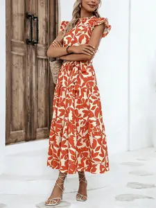 A women's fashionable Bohemian printed ruffled puff sleeve stand collar tie-up fairy dress, suitable for summer, beach vacations, dates, gatherings, and other casual occasions.