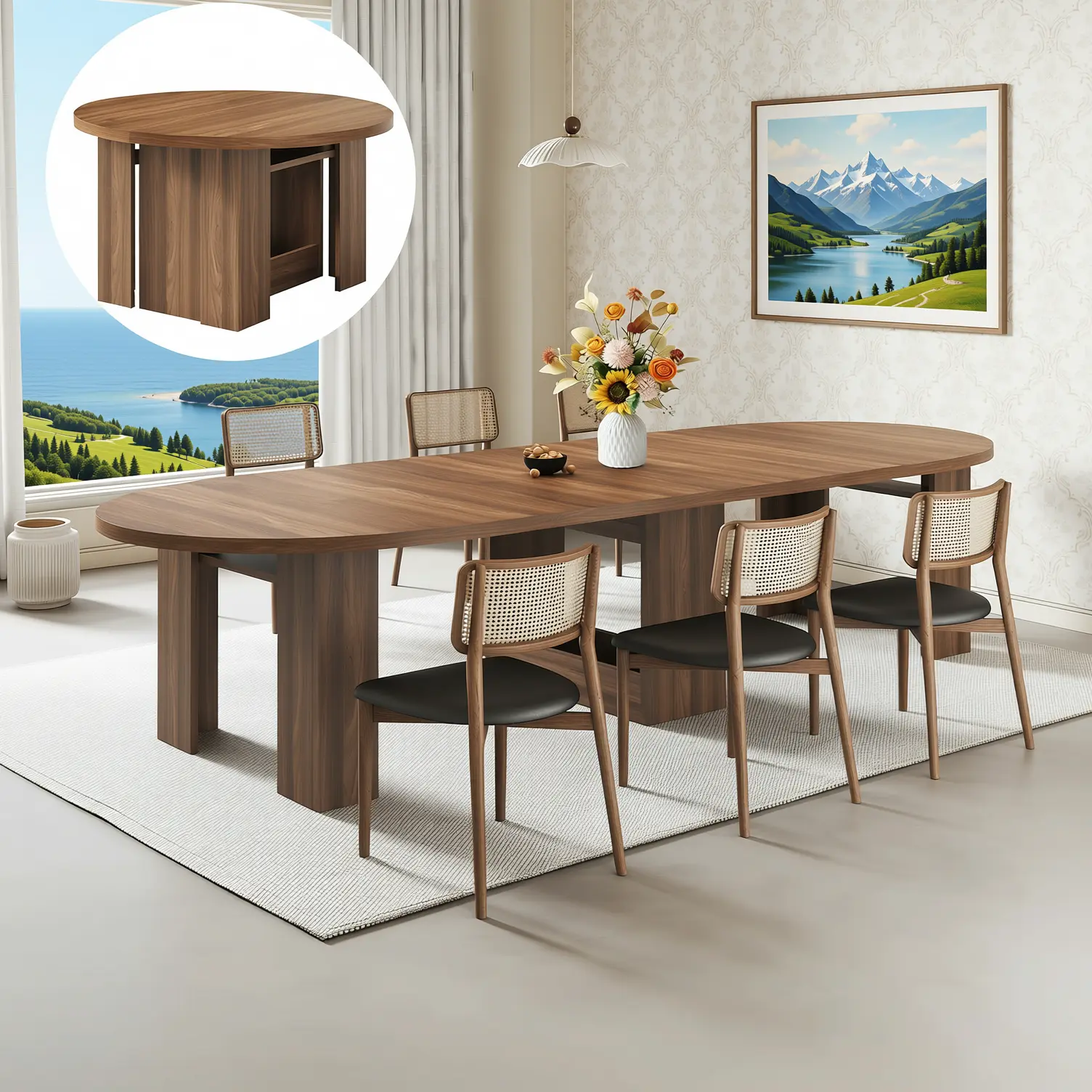 47"-118" Extendable Round to Oval Dining Table, Wooden Farmhouse Expandable Kitchen Table with 8 Leaves, Space Saving Console Table Seats 4-12 for Dining Room & Living Room