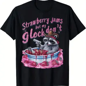 Shirts Men Playful Raccoon Cowboy T-Shirt With Strawberry Jams And Toy Gun Fun. Casual Cotton