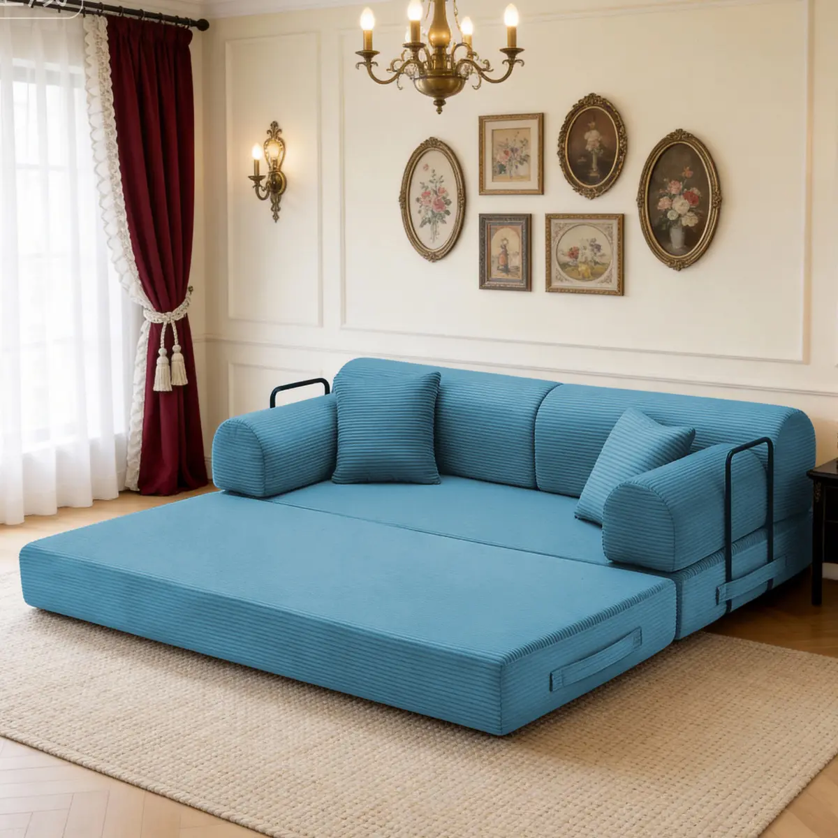 Convertible Sleeper Sofa Bed,Corduroy Folding Mattress Couch with Fixed-Shape Frame, Floor Sofa Lounge Couch for Living Room Bedroom(Azure)   WL RR