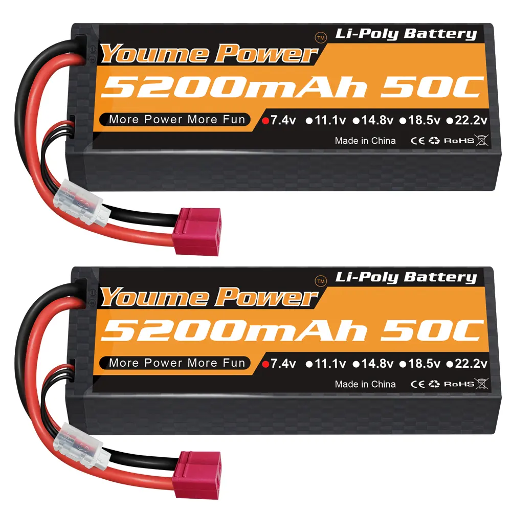2-Pack 2S 7.4V 5200mAh 50C Lipo Lithium Battery Replacement, Hard Case with T Plug for 1/8 1/10 RC Cars, Helicopters