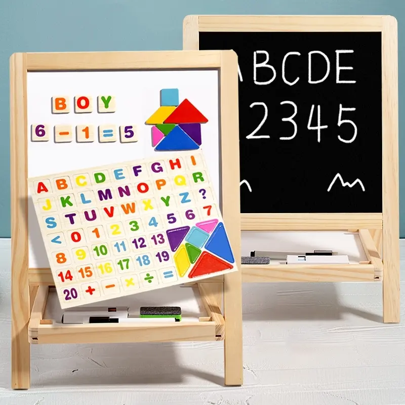 Foldable Double-Sided Magnetic Whiteboard and Wood Frame Chalkboard Set, Learning Tool, Includes Markers, Eraser, Colorful Chalk, and 26 Magnetic Letters, Perfect for Kids Learning and Family Interaction