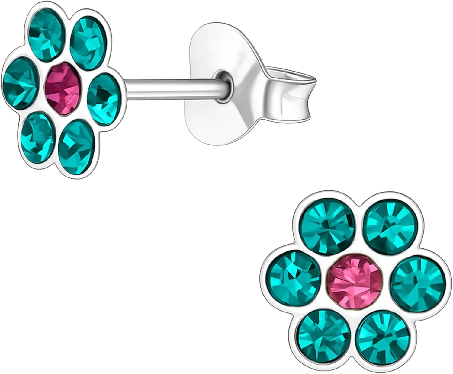 925 Sterling Silver Teal and Pink Crystal Flower Stud Earrings, Ultra-Tiny Floral Ear Stack Jewelry