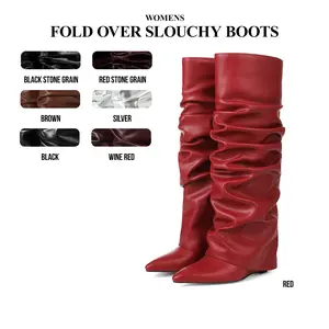 CYNLLIO Womens Fold Over Slouchy Knee High Boots Pointed Toe Covered Wedge Heel Pull On Wide Calf Shark Boot Comfy Fashionable Dating Outing Holiday Dress Spring Summer Boots Deals For You Days