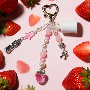 Strawberry Pink Beaded Lip Gloss Holder Keychain for Summer Fridays 0.5oz | Leak-Proof Protective Cap Bag Charm with Heart Hook & Cute Charms | Gift for Beauty Lovers