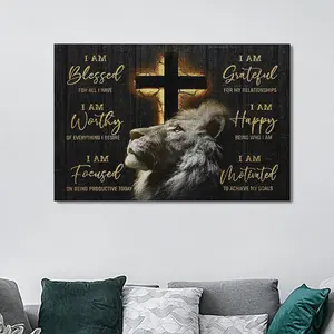 Motivational Lion Wall Art Christian Cross Lion Pictures Wall Decor Inspirational Painting Canvas Prints Modern Home Framed Artwork for Bathroom Bedroom Living Room Kitchen Decoration