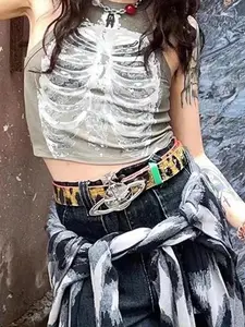 Women's 2023 Summer Army Green Ribbed Short Crop Vest - Lady's Punk Cyber Retro X-ray Skeleton Print Emo Designer Sleeveless Clothes Tank Top
