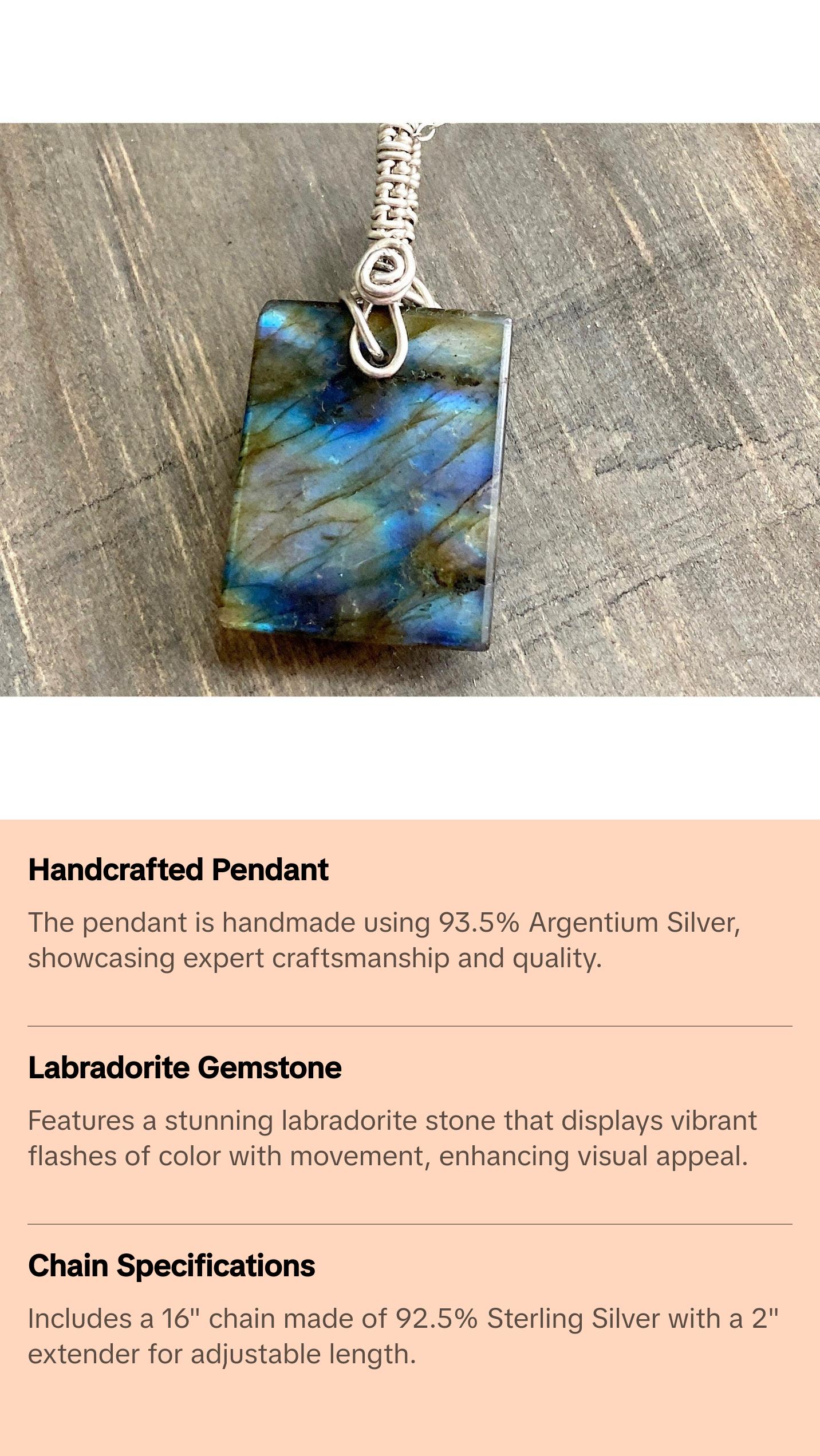 Amazing Blue Flash Rectangle Labradorite and .925 Sterling Silver Necklace, Deep Blue Handpolished Wire Wrapped Pendant, Handmade in the USA