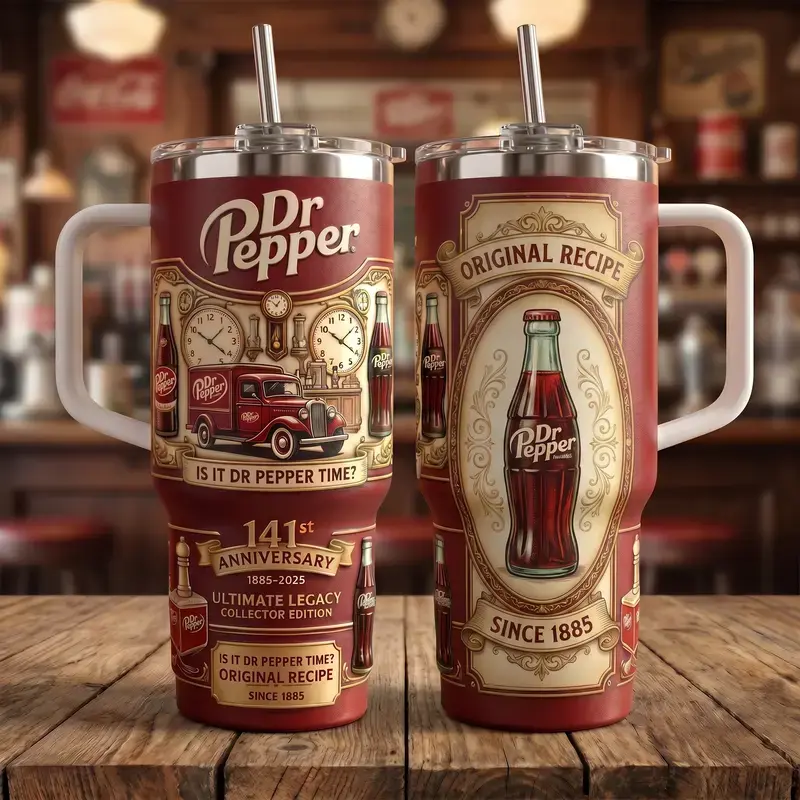 Dr Pepper 23 Flavors 141st Anniversary Limited Edition Tumbler With Handle Straw 40oz, 1885-2026 Vintage Steampunk Clock Gears Aesthetic Stainless Steel Insulated Travel Mug Cup, Perfect Retro