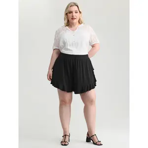 BLOOMCHIC Women's Plus Size Curvy-Fit Comfy Shorts - Spandex Garment, Casual Plain Lotus Leaf Wide-Leg Bottoms, Functional Pocket, Flattering Fit, M-6X 2026 Summer Vibes,summerwins,Spotlight,Summer wins,Deals for you days