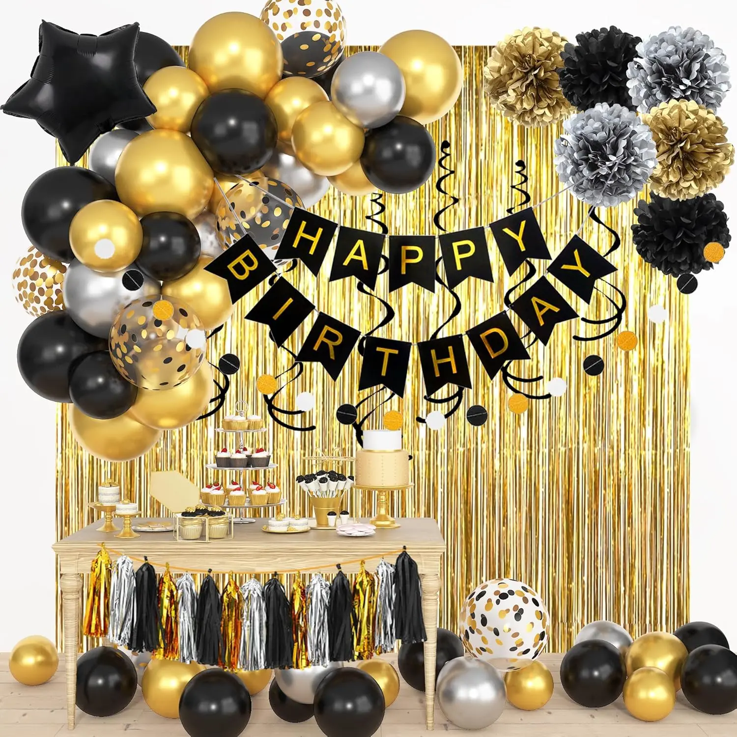 Black and Gold Birthday Party Decorations Kit for Men Women, Cheers Beer Confetti Black Gold Balloon Happy Birthday Banner Fringe Curtains Swirl Circle Dots Tassels Pom Graduation 30Th 40Th 50Th Him Ouddy Party