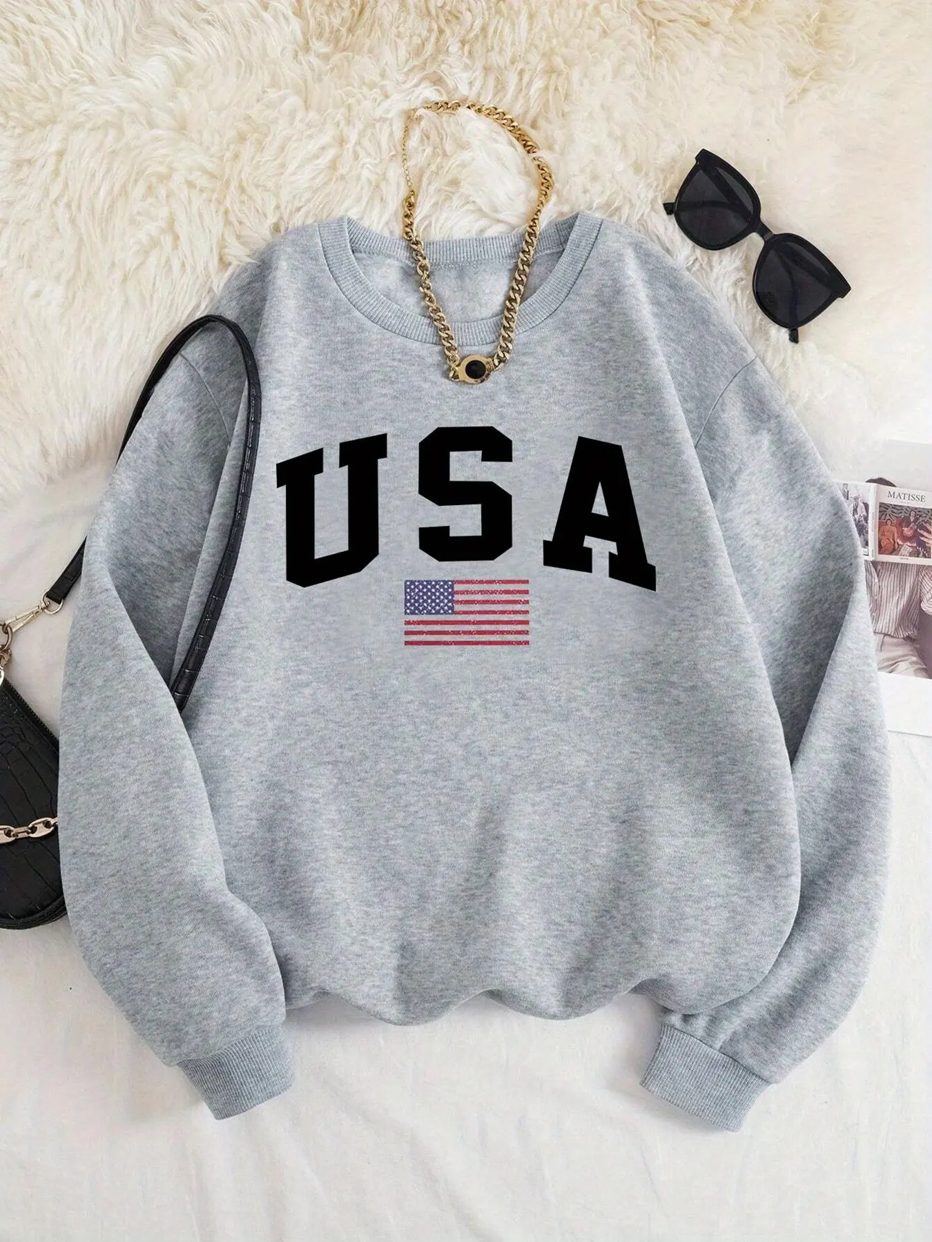 Women's USA Flag & Letter Print Drop Shoulder Thermal Lined Sweatshirt, Casual Long Sleeve Round Neck Pullover for Fall & Winter, Ladies Clothes for Daily Wear