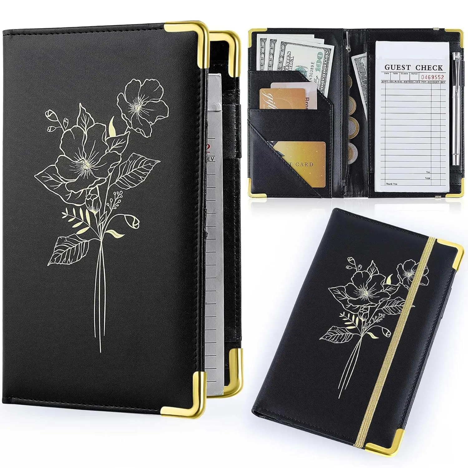 Server Books for Waitress, PU Leather Server Book with Zipper Pockets, Flower  Waitress Book with Pen Holder Fit Server Apron Check Presenters for Restaurants
