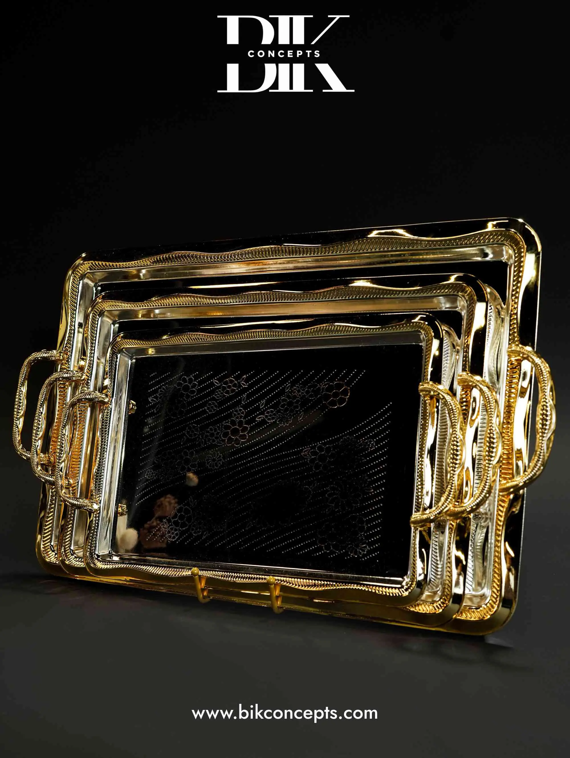 3-Piece Majestic Gold & Silver Luxury Serving Tray Set, Rectangular Kitchenware for Tea, Cocktails, Formal Events, Beaded Rim, Multi-Size, Nesting Trays, Two-Tone