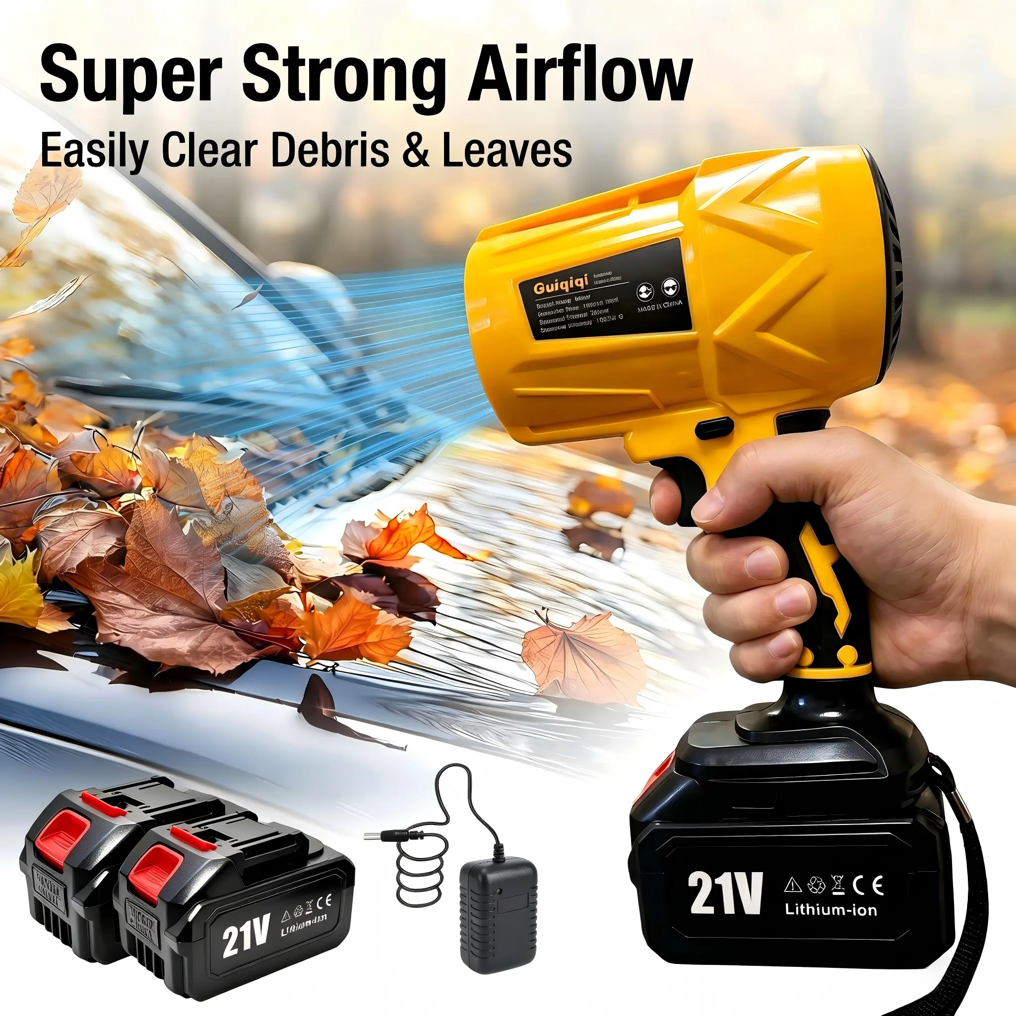 21V Cordless Brushless Lithium-Ion Turbo Blower - Strong Airflow Handheld Yard Cleanup Tool, Portable Wireless Fan with 1 or 2 Batteries, Suitable for Car Cleaning & Camping Use