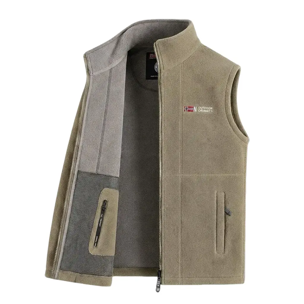Men’s double-sided fleece vest, warm fleece lining sleeveless jacket, multi-pocket design, refined embroidered logo, comfortable wear, medium size