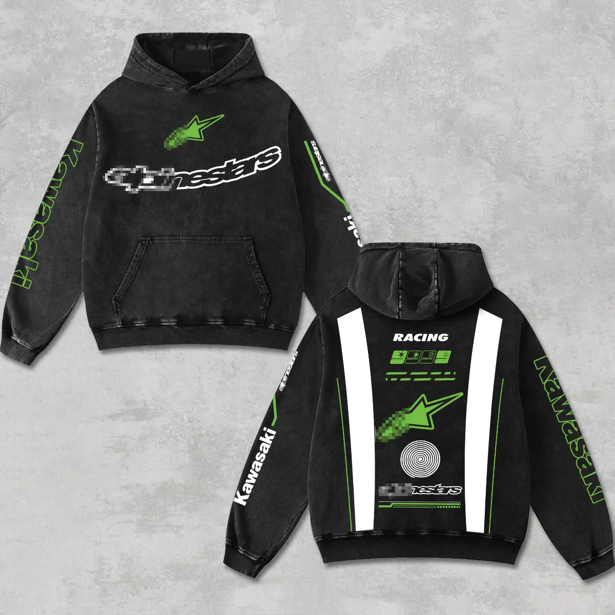 Retro Green Kawasaki Racing Hoodie Acid Washed, Motor World Championship Enthusiast, Motorcycle Off-Road Dirt Bike Graphic Streetwear, Heavyweight Biker Sweatshirt, Retro Moto Gear Motorbike Apparel Men’s Grunge Y2K Racing Jacket Style