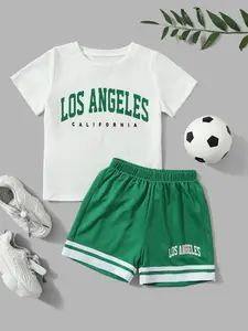 Boys' Geometric Letter Print 3D T-Shirt Set, Outdoor Sports Short Sleeve Summer Round Neck Top Shorts, Casual Two-Piece