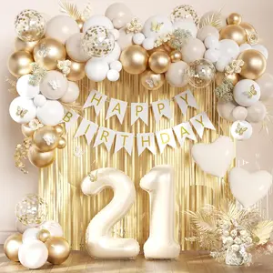 21st Birthday Decorations for Her Him, Happy 21st Birthday Decorations for Women Men, White and Gold Balloons 21 Balloon Number, 21 Happy Birthday Banner, 21 Balloon Arch