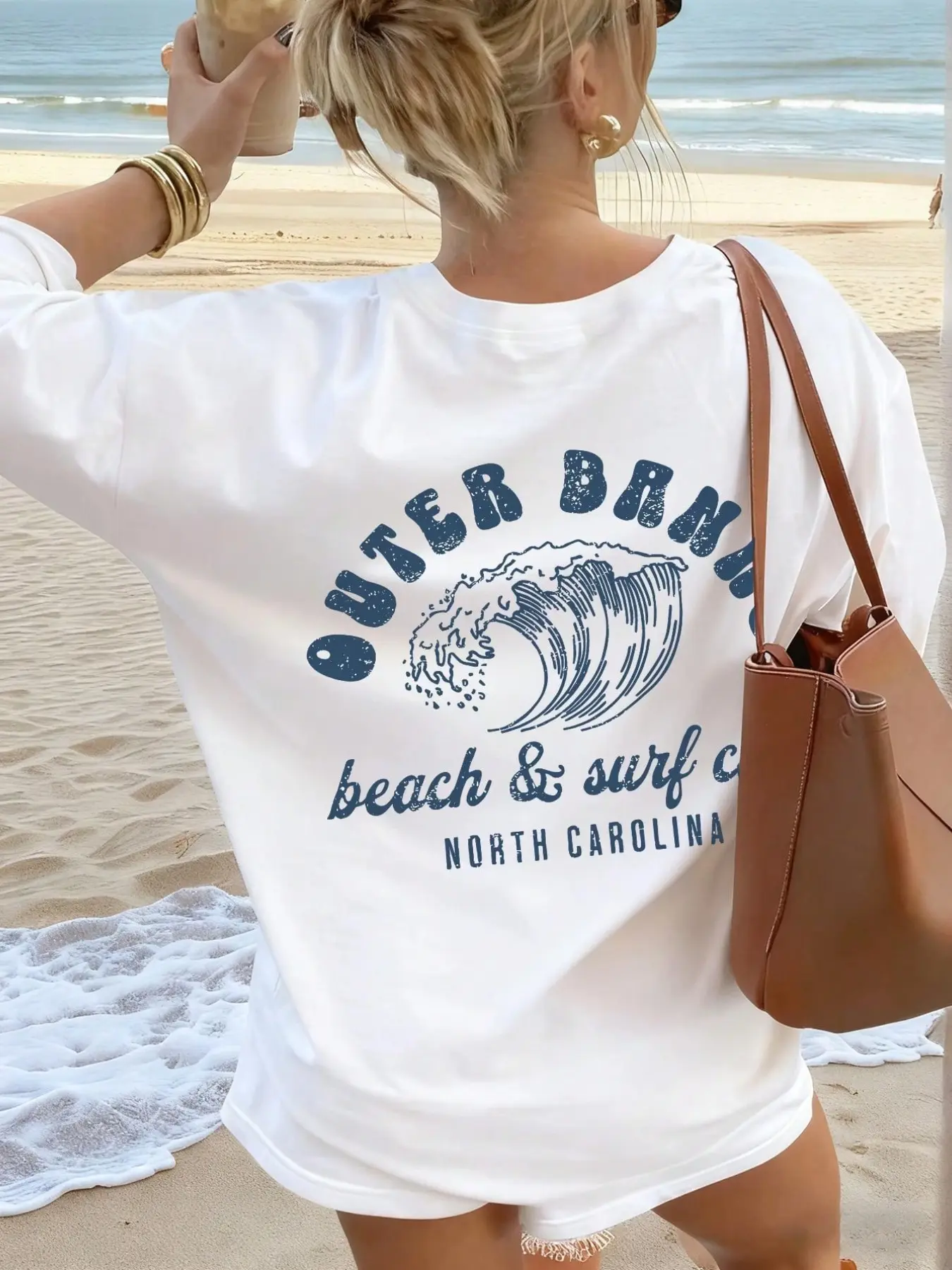 Women's Round Neck Crewneck Short Sleeve Loose Baggy Oversized T-Shirt, Outer Banks Surf Pattern Print, Casual Beach Tshirt, Soft Breathable Fabric, Summer Fashion Top, Womenswear, Casual Streetwear Essentials