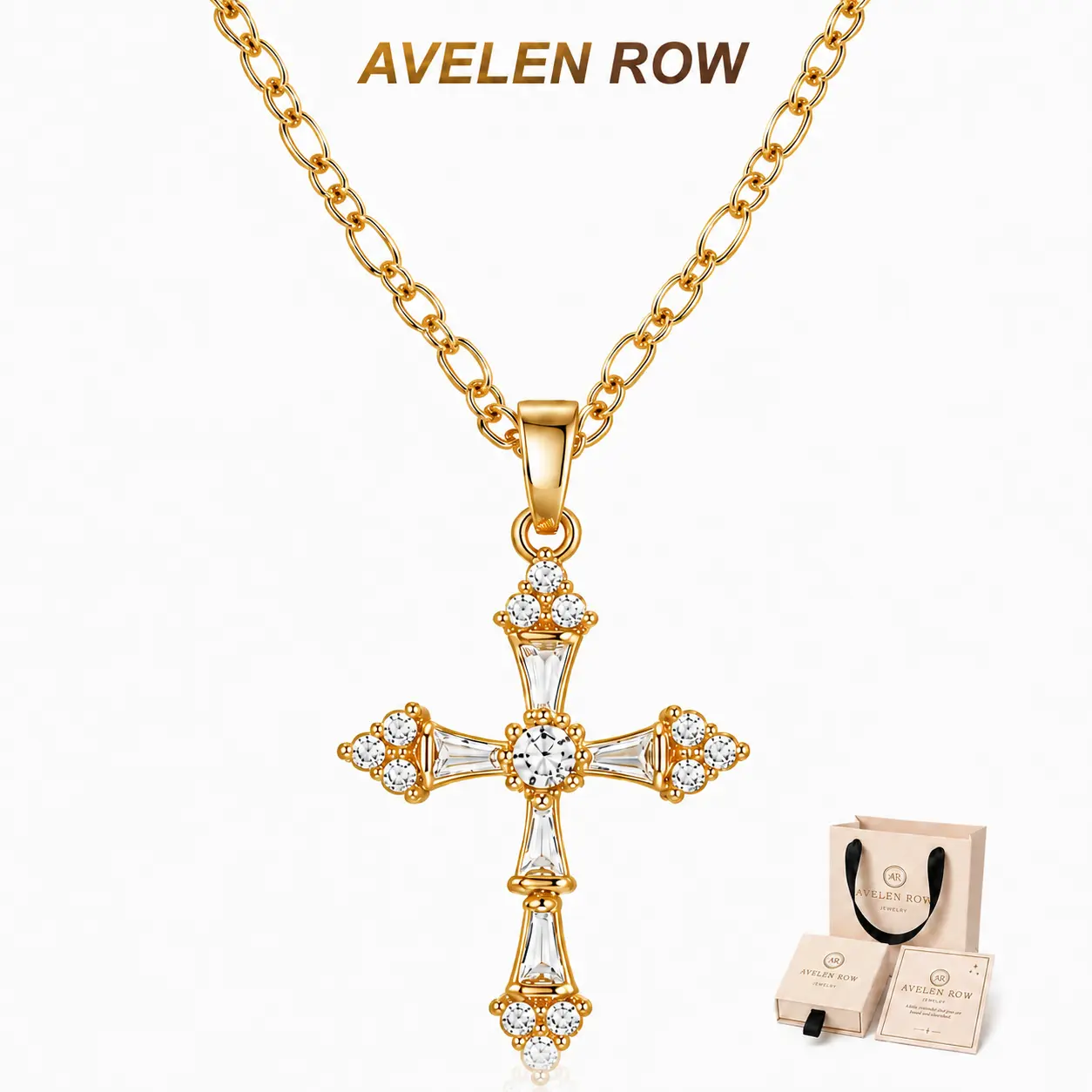 Gold-Tone Rhinestone Cross Necklace for Women with Gift Box, Sparkling Crystal Cross Pendant, Faith-Inspired Jewelry Gift