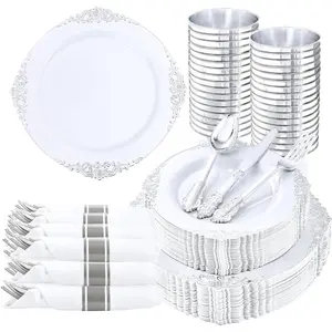 350 count  Plastic Plates -  Plastic Dinnerware Sets for 50 Guests - 100 Disposable Plates, 150 Silverware, 50 Cups, 50 Napkins for Wedding & Party
