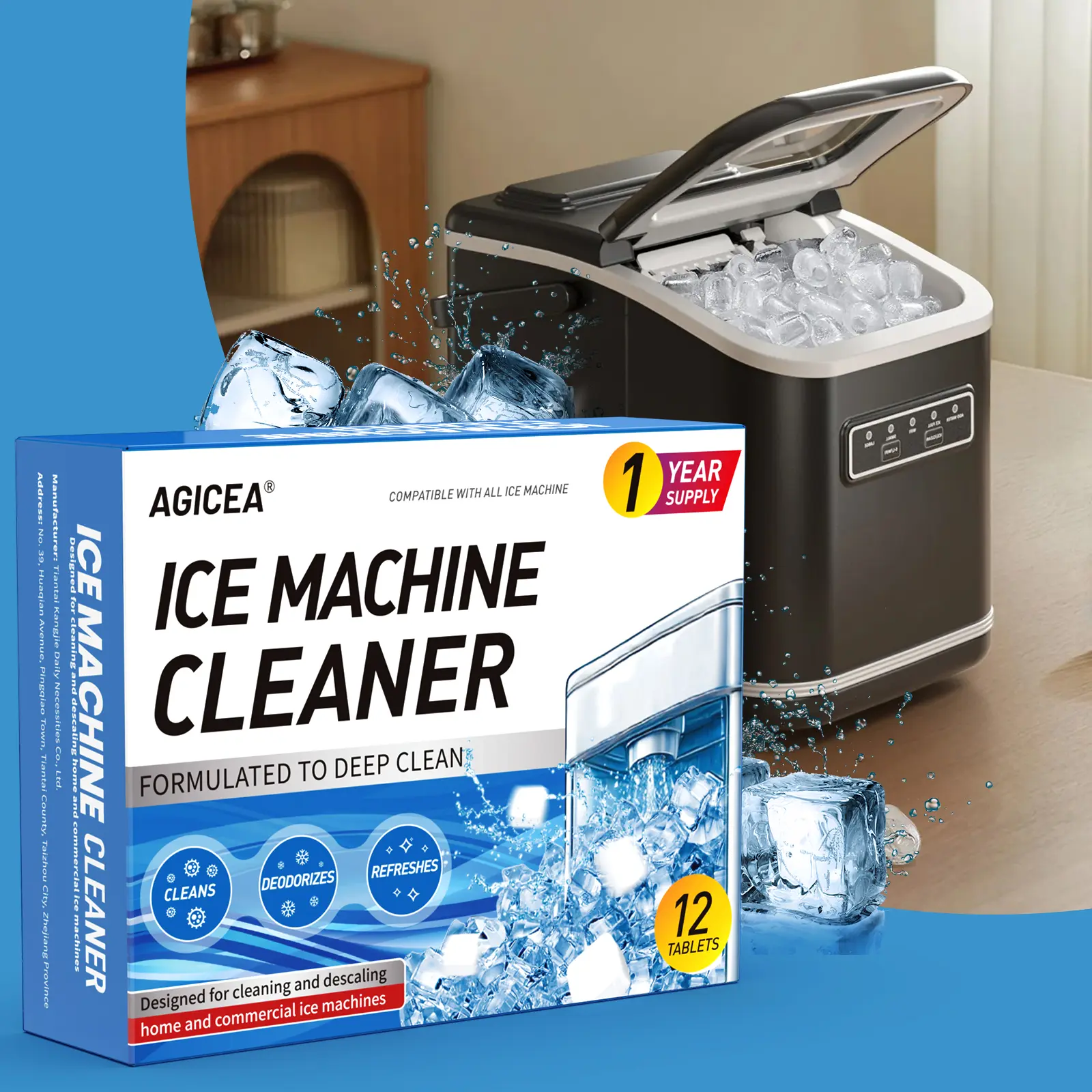 Agicea Ice Machine Cleaning Tablets - 12-Count Descaling Tablets for Home & Business Use, Easy to Use, Fixes Scaling Issues, Removes Calcium & Minerals, Supports Maintenance to Prevent Blockages & Boost Ice Production