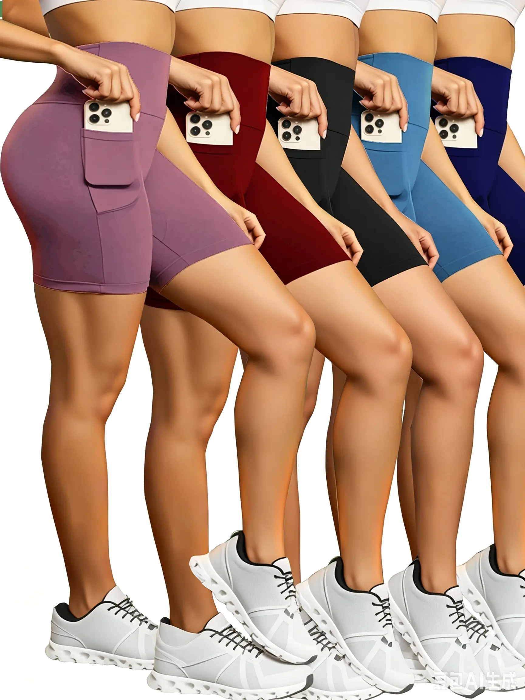 5-Pack Women’s High-Waisted Yoga Shorts – Double-Sided Fuzz Fabric, Side Pockets, Solid Color Fitness/Running/Cycling Shorts