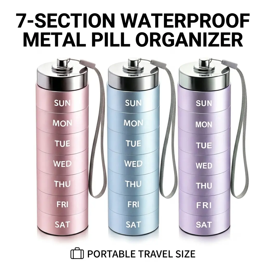 Metal 7-Day Pill Organizer - 100% Waterproof Aluminum Alloy Case, BPA-Free Large Daily Holder for Vitamins, Fish Oil, Portable On-the-Go Medical Pill Dispenser