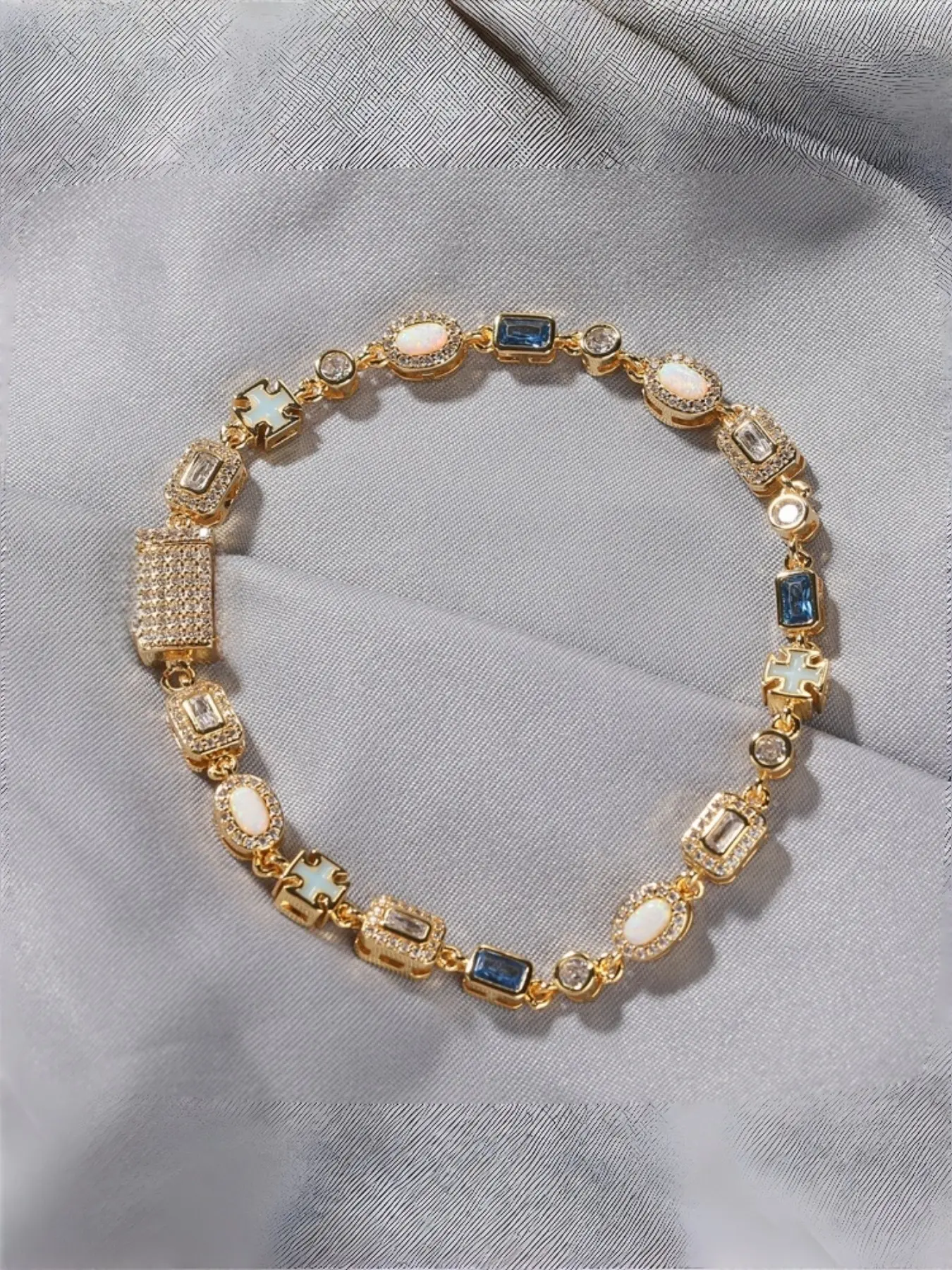 Unisex Hip Hop Bracelet with Cross Pendant, 6mm Blue Gemstone Chain, Exquisite Bracelet, 14K Gold Plated Tennis Bracelet, Cubic Zirconia Link Bracelet, Hypoallergenic Vintage Crystal Charm