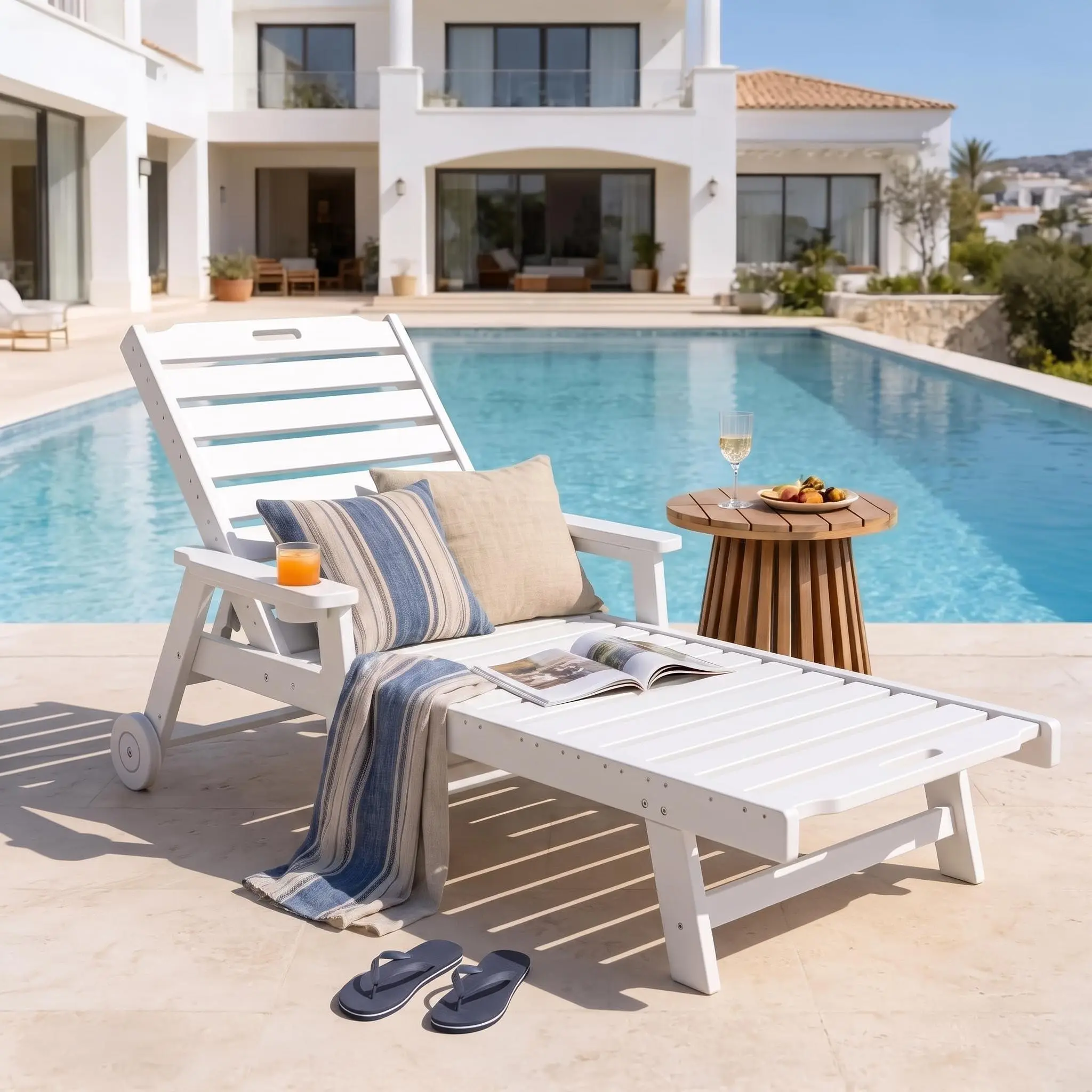 GARVEE Lounge Chair Outdoor with Wheels & 5-Position Adjustable Backrest, Oversized Chaise Lounge with 2 Move Handle, HDPE Outdoor Lounge Chair w/Detachable Cup Holder, for Patio, Pool, White