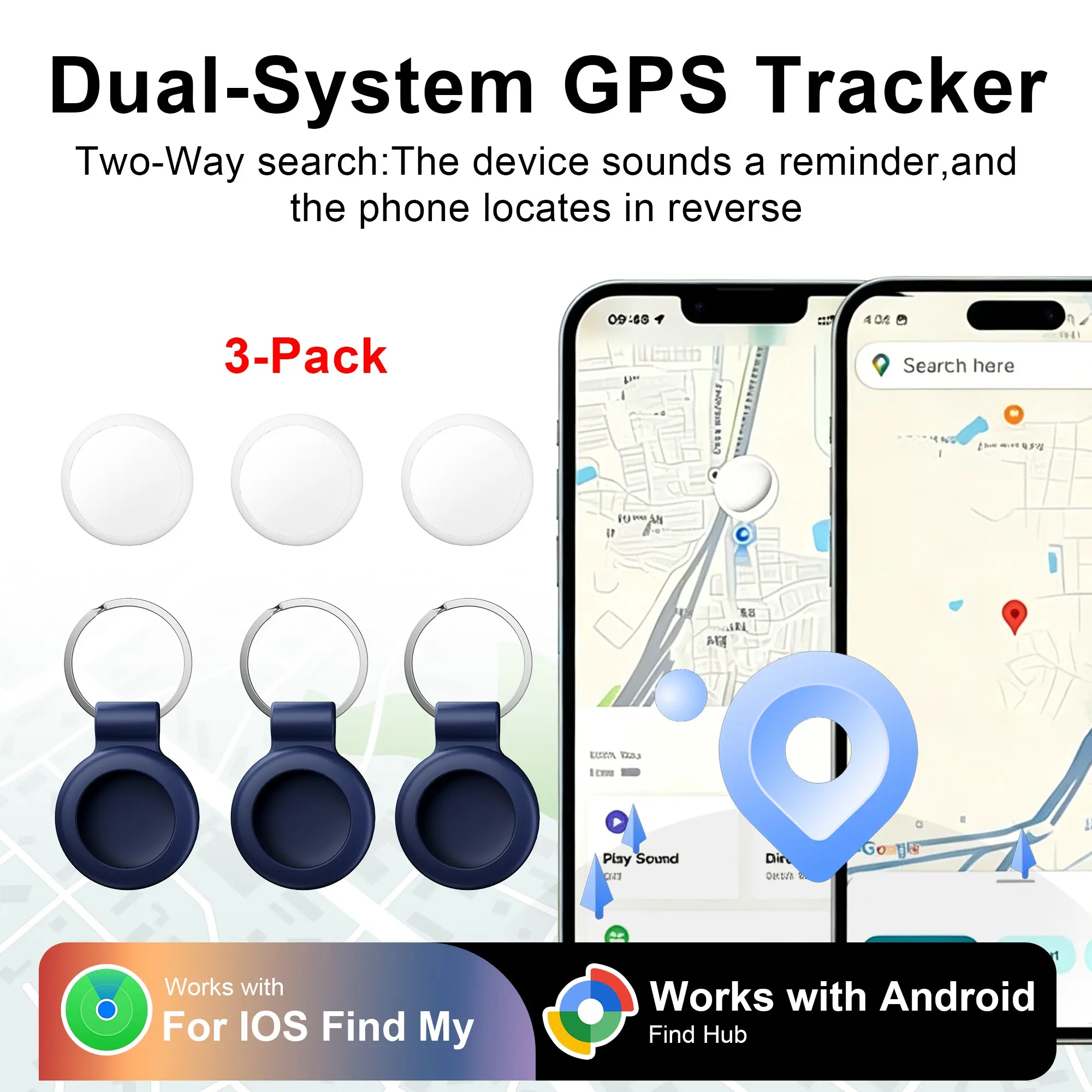 3-Piece Dual System Global Tracker, Key Silicone Case, No Monthly Fee, Rechargeable Battery, Compatible with iOS/android Devices