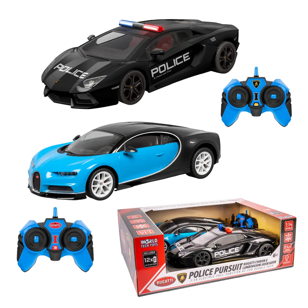 World Tech Toys Police Pursuit RC Car Double Pack Bugatti Chiron & Lamborghini Aventador 1:14 Scale Full-Function Remote Control Cars with LED Lights and 2.4 GHz Frequency