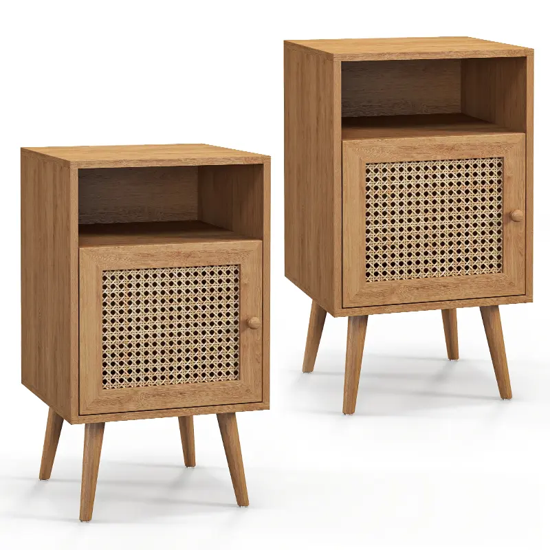 Topwin Set of 2 Single-Door Nightstands with Drawer - Modern Wood Bedside Cabinet, Space-Saving Set Bedroom Furniture with Storage, USB Charging Ports, Natural Wood Finish LED Lights, Modern Wood Table