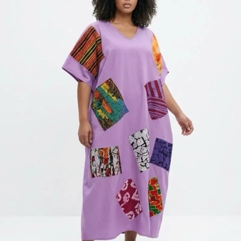 Trends By Scorp Women's Lilac Patchwork Casual Dress, V-Neck, Colorful Patterns, Comfortable Casual Wear, Stylish Accessories-Infused Piece for Summer
