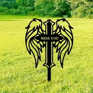 Angel Wings Cross Memorial Garden Stake, Rustic Metal Cemetery Grave Marker, Durable Outdoor Decor for Graveyard or Memorial Gardens, Garden Markers
