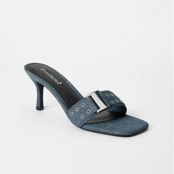 JUSTFAB Women Vintage Buckle 3-Inch Kitten Heel Slip On Sandal Trendy Square Toe Slide Sandals Chic Black Buckle Kitten Heels Minimalist Modern Trendy Summer Sandals