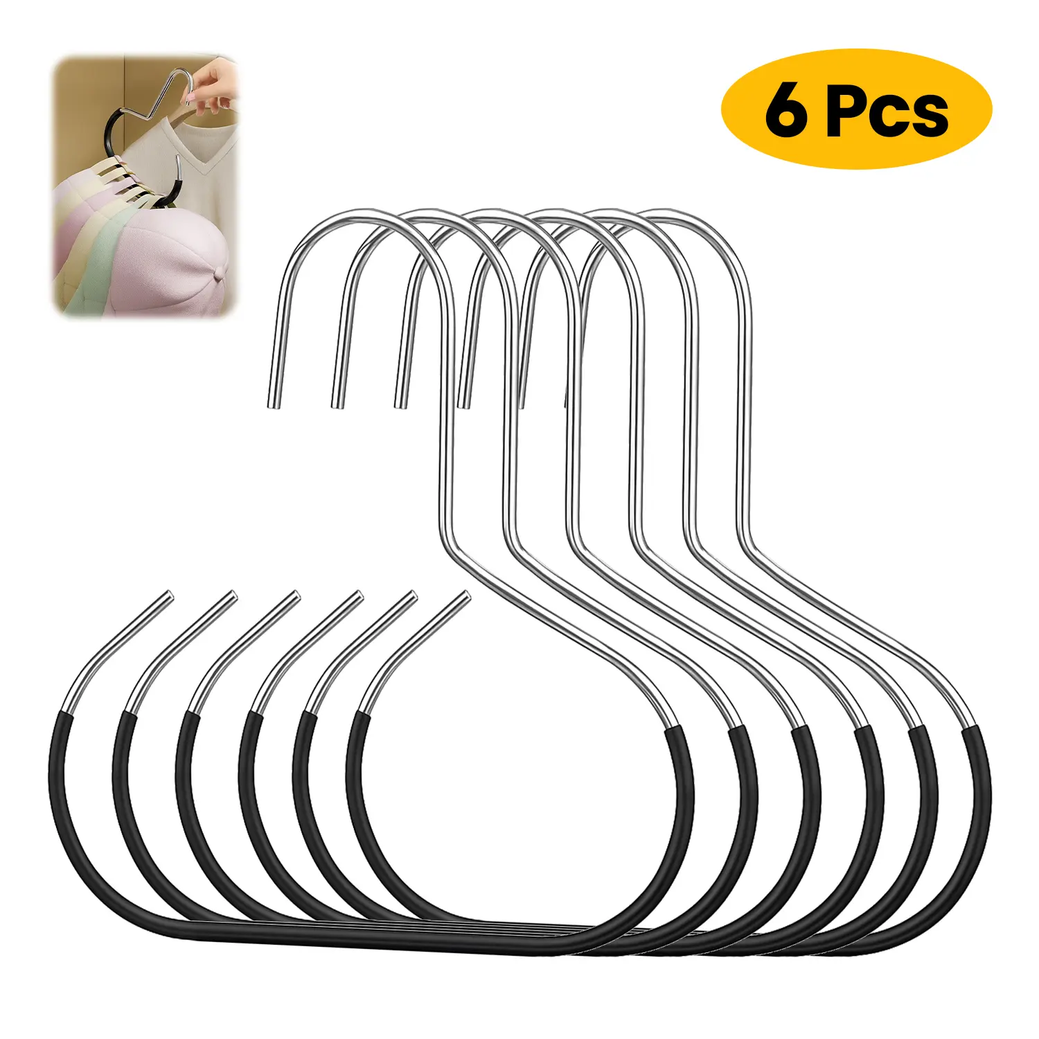 6 Pcs Durable Metal Steel Scarf Hangers with Non-Slip PVC Grip Coating, Compact 15cm Height 14cm Width 5kg Load Hook Organizer for Ties, Belts (Black)