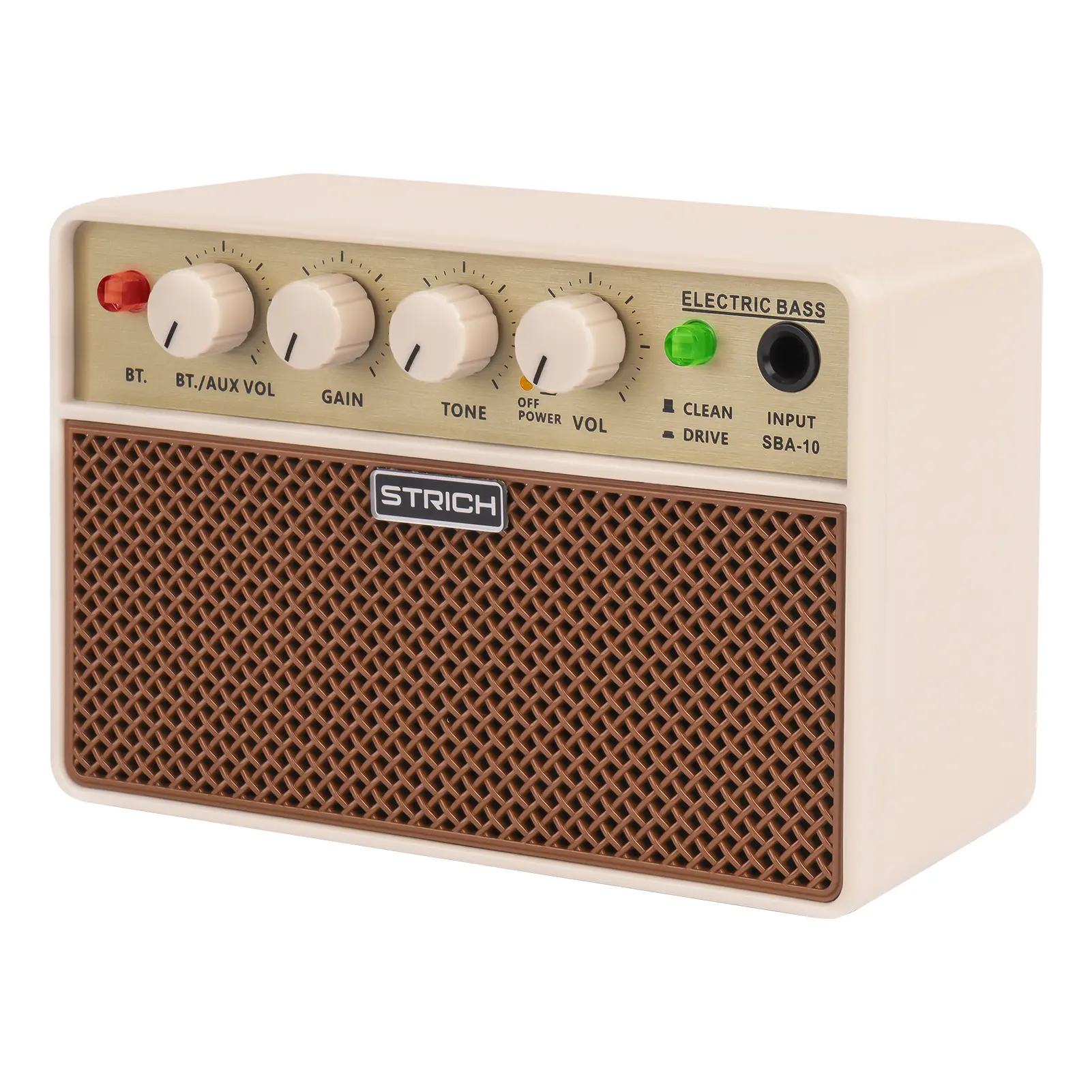 STRICH 2 x 5 W Mini Bass Amp - Portable, Rechargeable Bass Practice Amplifier with Clean & Drive Channels, 1/8 Headphone Output for Beginner, Brown Compact Audio, Portable Guitar Amp, Protection