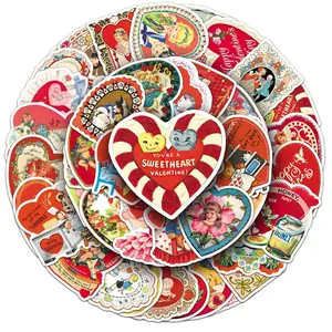 Vintage Valentine's Day Stickers Set, Cartoon Holiday Heart Creative American Style Graffiti Storage Box Helmet Decals, 50 Pieces