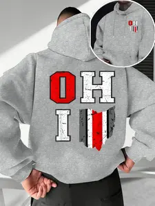 Men's Fall Winter Trendy Hoodie, Ohio Letter Pattern Front Back Print, Casual Drawstring Pocket Design, Fitted Geometric Style, Casual Hooded Sweatshirt