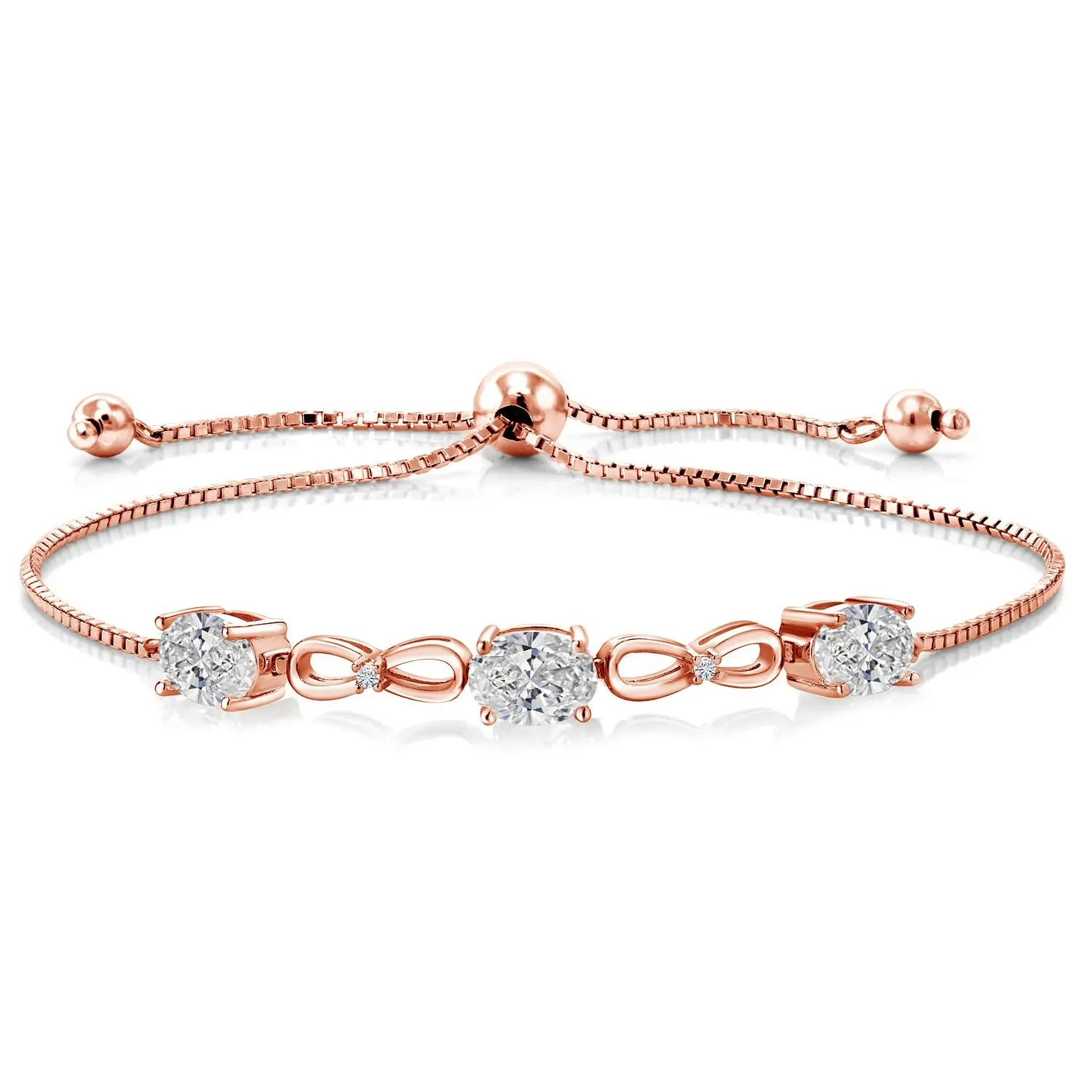 Infinity 3-Stone Bracelet for Women with Gemstone Birthstone and Lab Grown Diamond Accents | 18K Rose Gold Plated Silver | Oval 7X5MM and Round 1.3MM | Fully Adjustable to 9 Inch