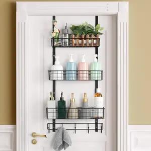 Over the Door Pantry Organizer 3 Tier Hanging Basket  Door Storage Rack Shelf Metal Over the Door Shelves with 3 Baskets and 5 Hooks for Bathroom Kitchen Pantry Bedroom, Black
