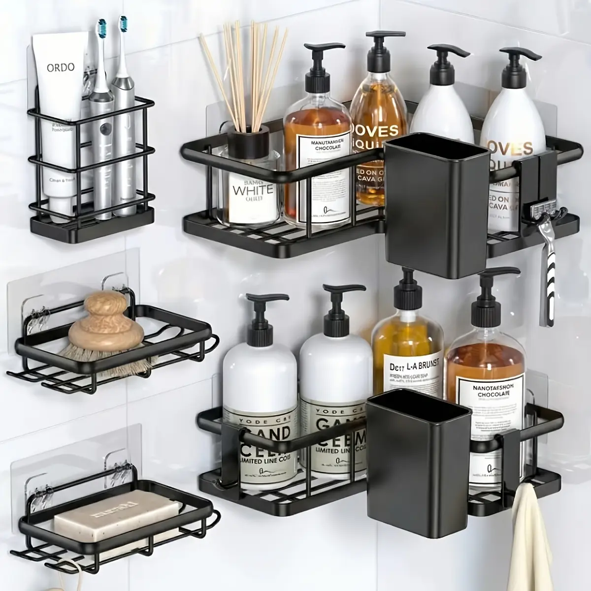 8-Piece Bathroom Storage Shelf Set Shower Shelves with Soap Holder Adhesive Rustproof Stainless Steel Shower Caddy Organizer 8-Pack