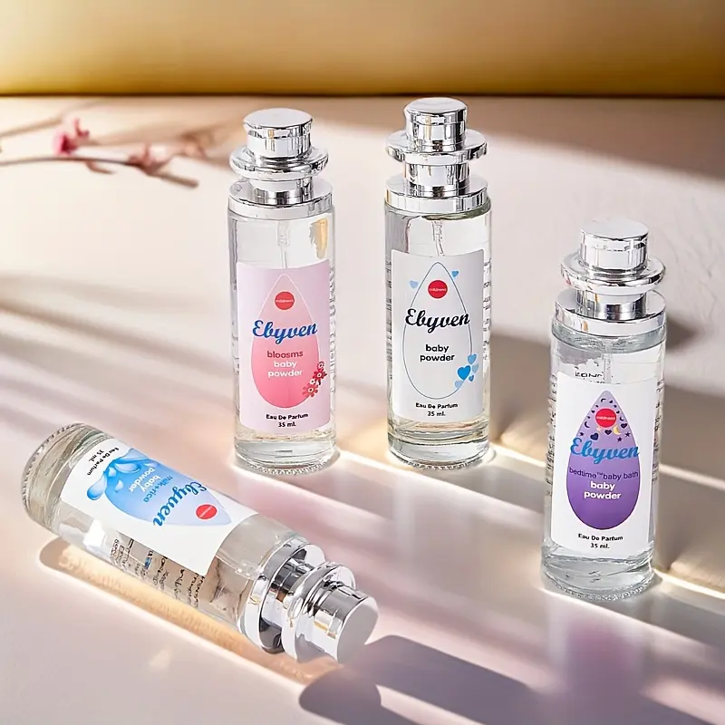 Baby Powder Perfume 4-Piece Gift Set - Long Lasting Clean Girl Fragrance Bundle - Mini Floral Vanilla Travel Size Scents for Women - Perfect Birthday Present