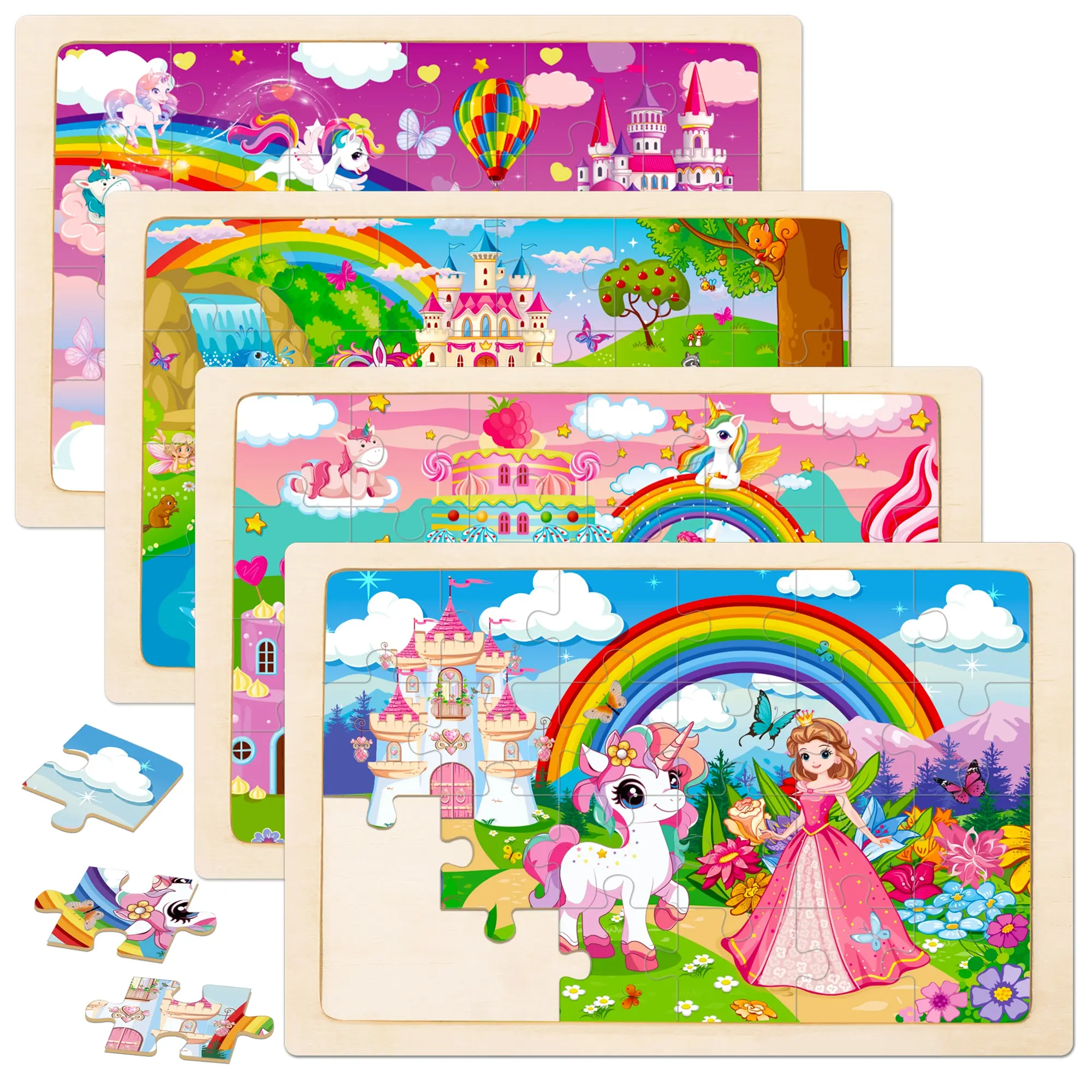 [Unicorn Puzzle for 4-6 Year Olds ] 4 Packs Unicorn Princess Wooden Jigsaw Puzzle | Educational Preschool Puzzle |  Girls Toy Gift for Birthday and Christmas Animal Shape Puzzle Wooden Puzzles