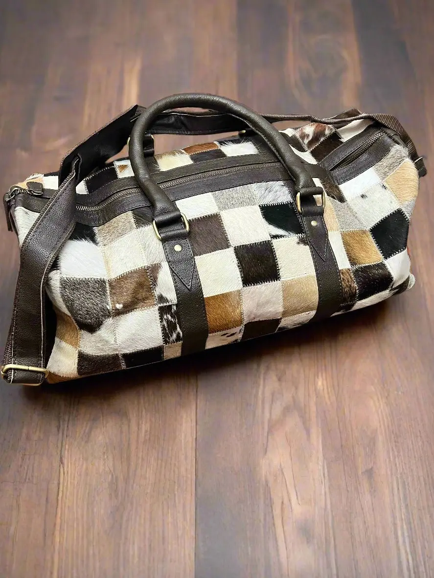 Western Full Hair-on-Hide Cowhide Duffle Bag — Black & White Compact Carry-On (21")