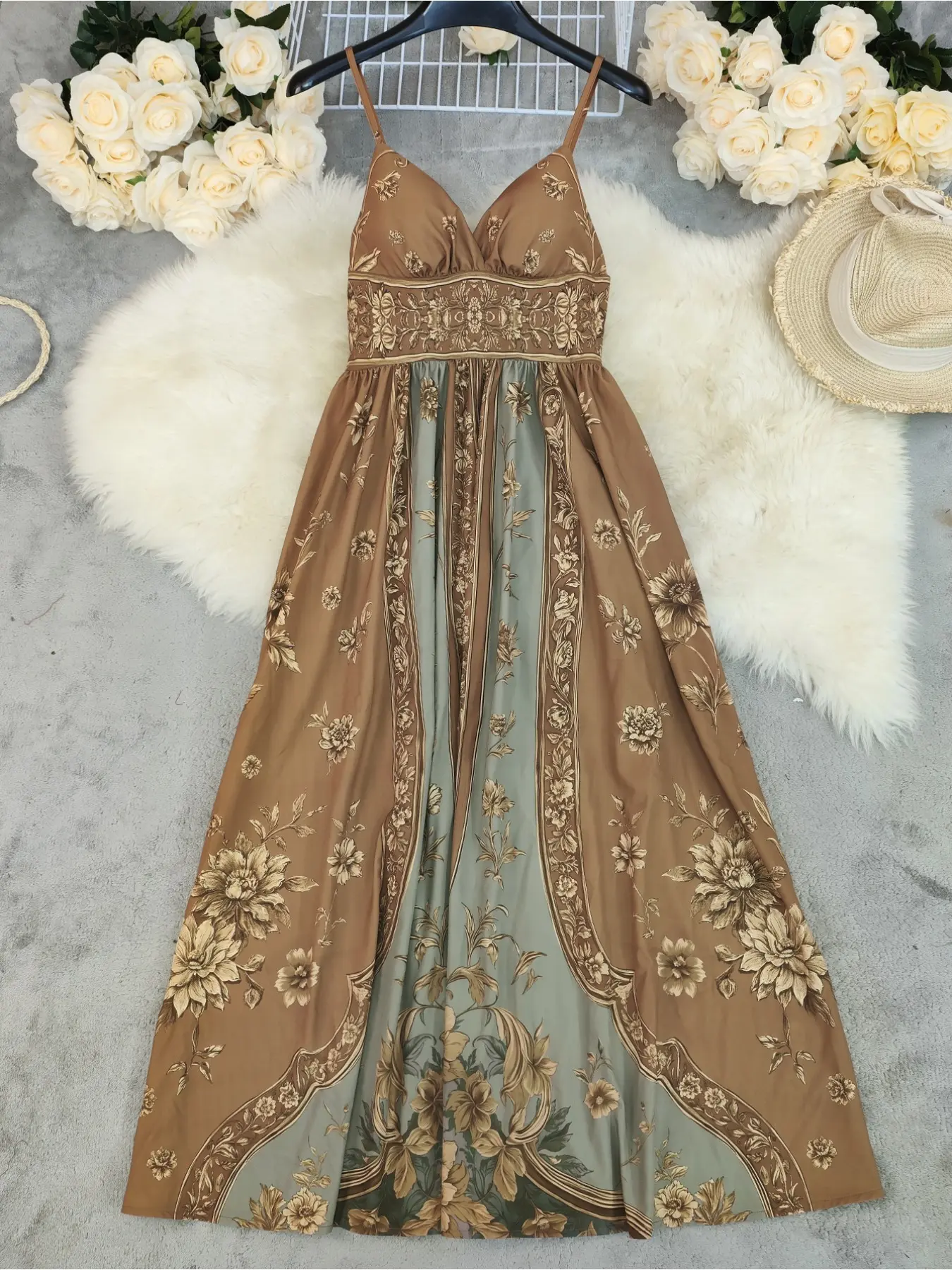 LN1640 New Autumn Court Print High-Slit Maxi Skirt Hem Bohemian Style  Camisole Long Dress, Elegant Ethnic Style Long Gown - TikTok Shop