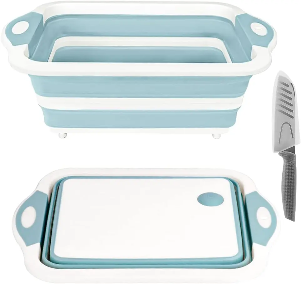 Collapsible Cutting Board, Foldable Chopping Board with Colander, Multifunctional Kitchen Vegetable Washing Basket Silicone Dish Tub for BBQ Prep/Picnic/Camping(Light Blue) ROTTOGOON