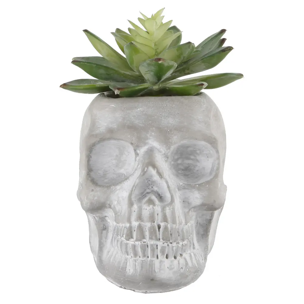 Ceramic Skull Planter with Faux Succulent 4.5" x 3.5" x 4" Grey Hand-Crafted Artisanal Tabletop Decor for Indoor Gardens